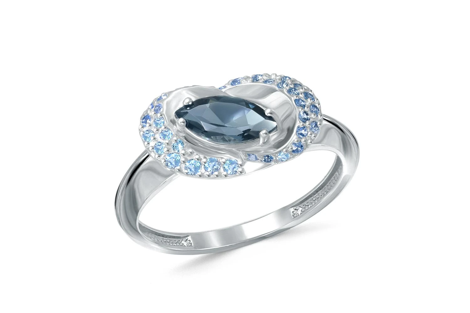 Кольцо из белого золота с топазом лондон и 34 фианитами