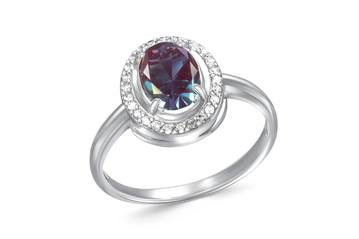 Кольцо из белого золота с александритом и 26 фианитами