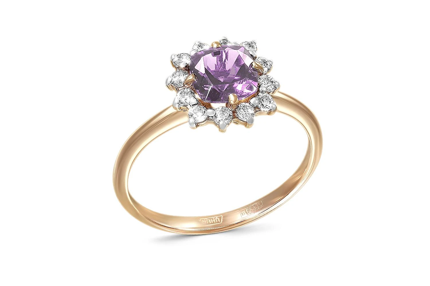 Кольцо из красного золота с аметистом и 12 фианитами