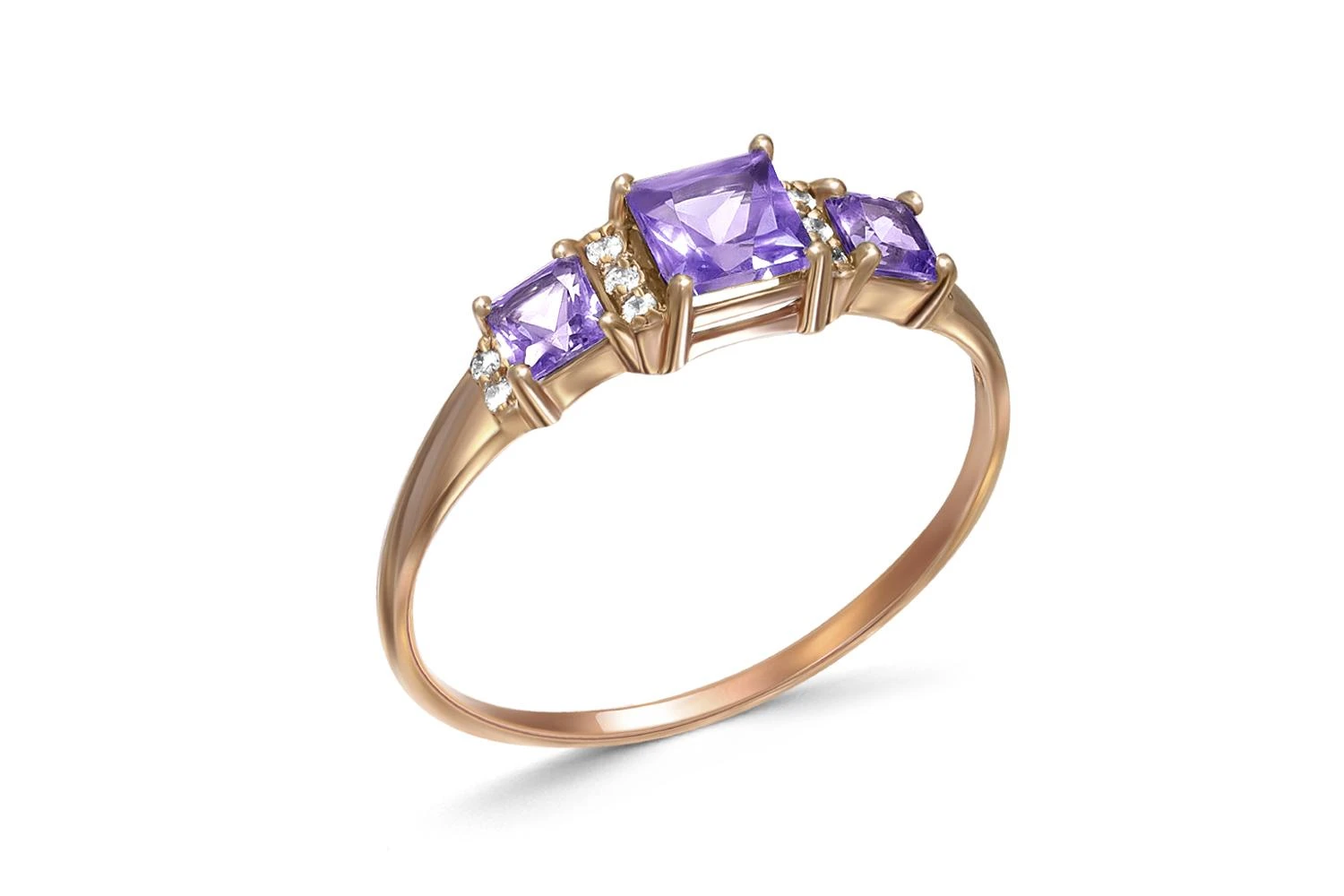Кольцо из красного золота с 3 аметистами и 10 фианитами