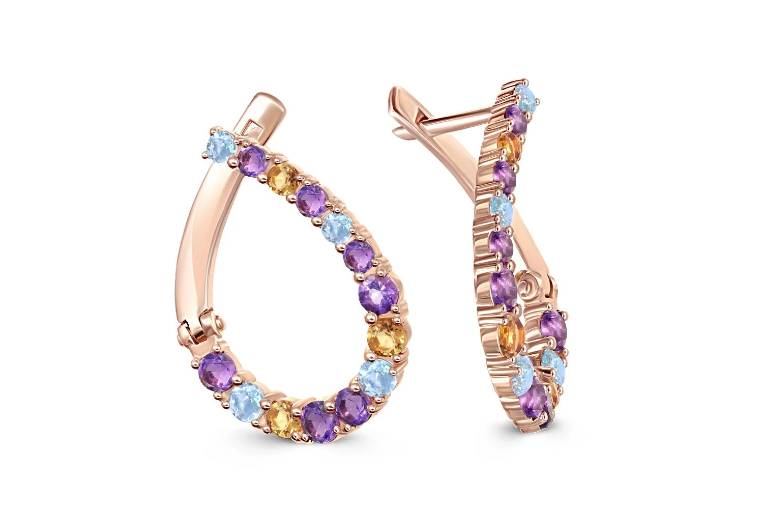 Серьги из красного золота с аметистами, топазами sky и цитринами