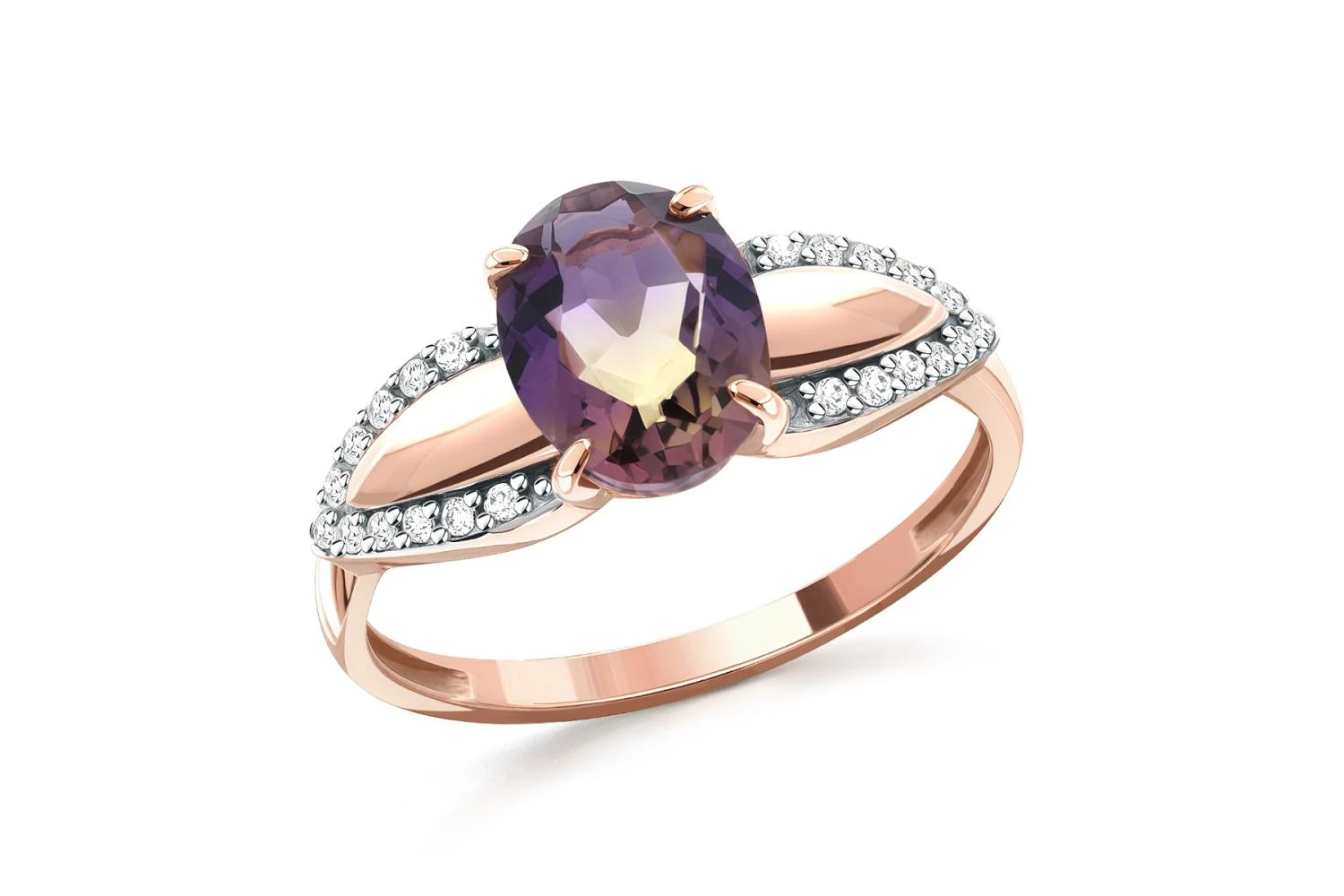 Кольцо из красного золота с кварцем и 22 фианитами