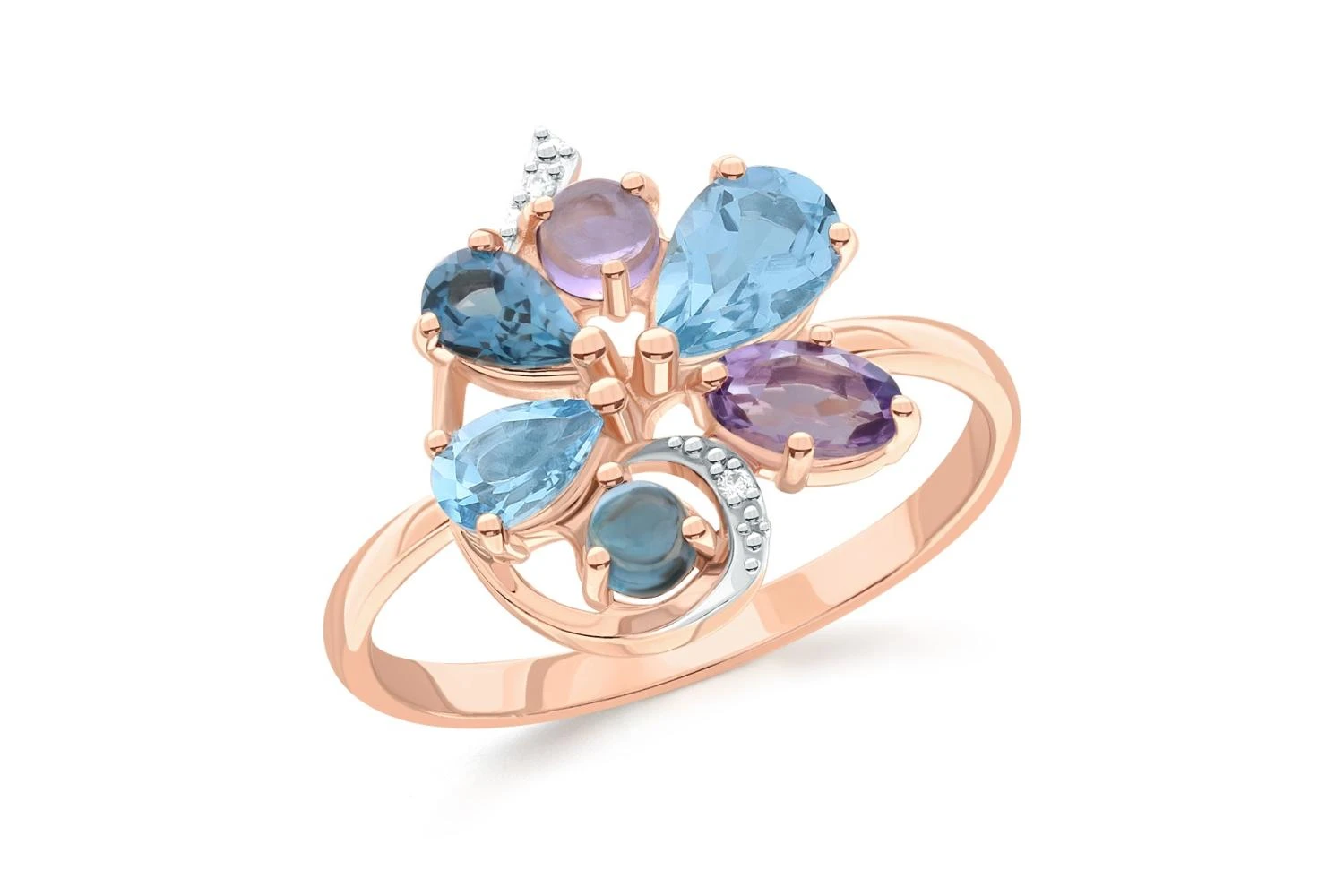 Кольцо из красного золота с топазами swiss, топазами лондон и фианитами