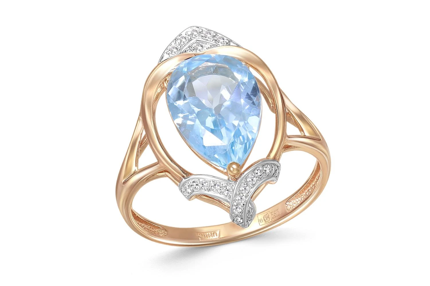 Кольцо из красного золота с топазом sky и 23 фианитами