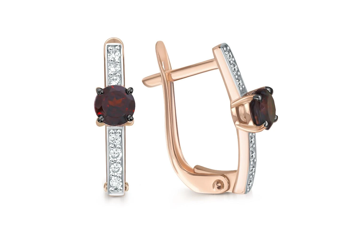 Серьги из красного золота с 2 гранатами и 14 фианитами