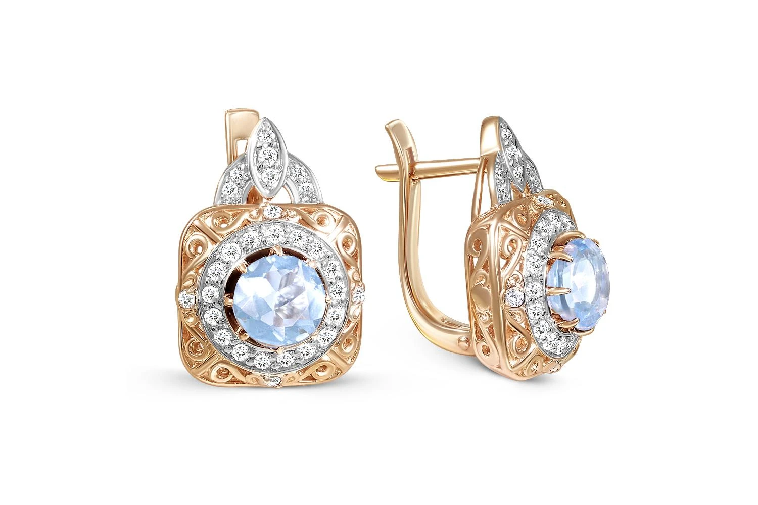 Серьги из красного золота с 2 топазами sky и 56 фианитами