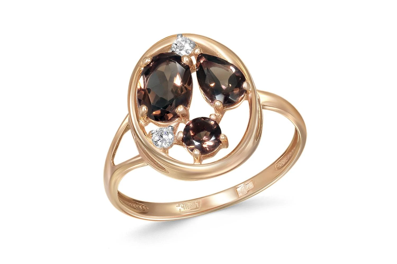 Кольцо из красного золота с 3 раухтопазами и 2 фианитами