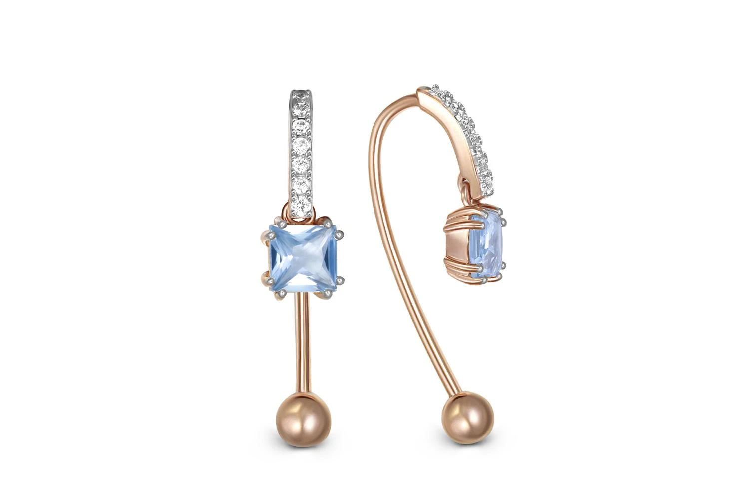 Серьги из красного золота с 2 топазами sky и 14 фианитами