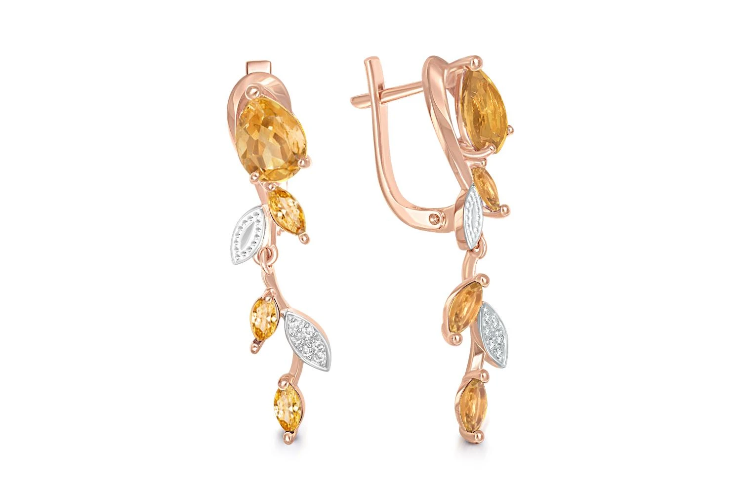 Серьги Веточки из красного золота с 2 цитринами и 18 фианитами