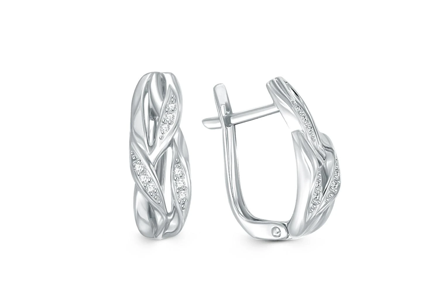 Серьги Веточки из белого золота с 18 фианитами