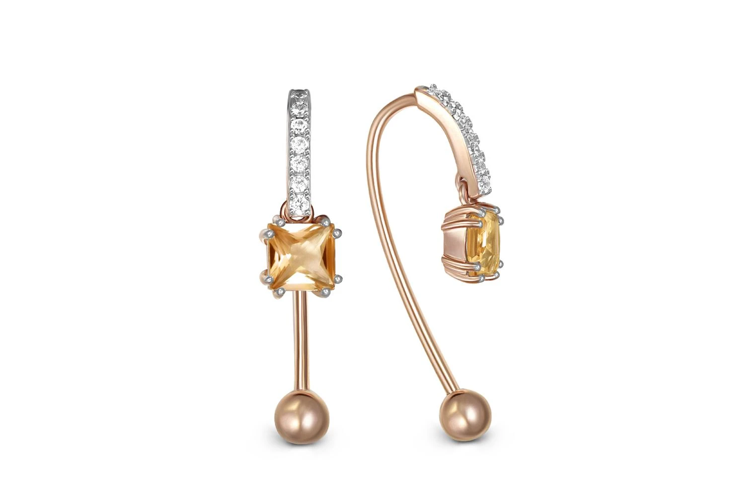 Серьги из красного золота с 2 цитринами и 14 фианитами