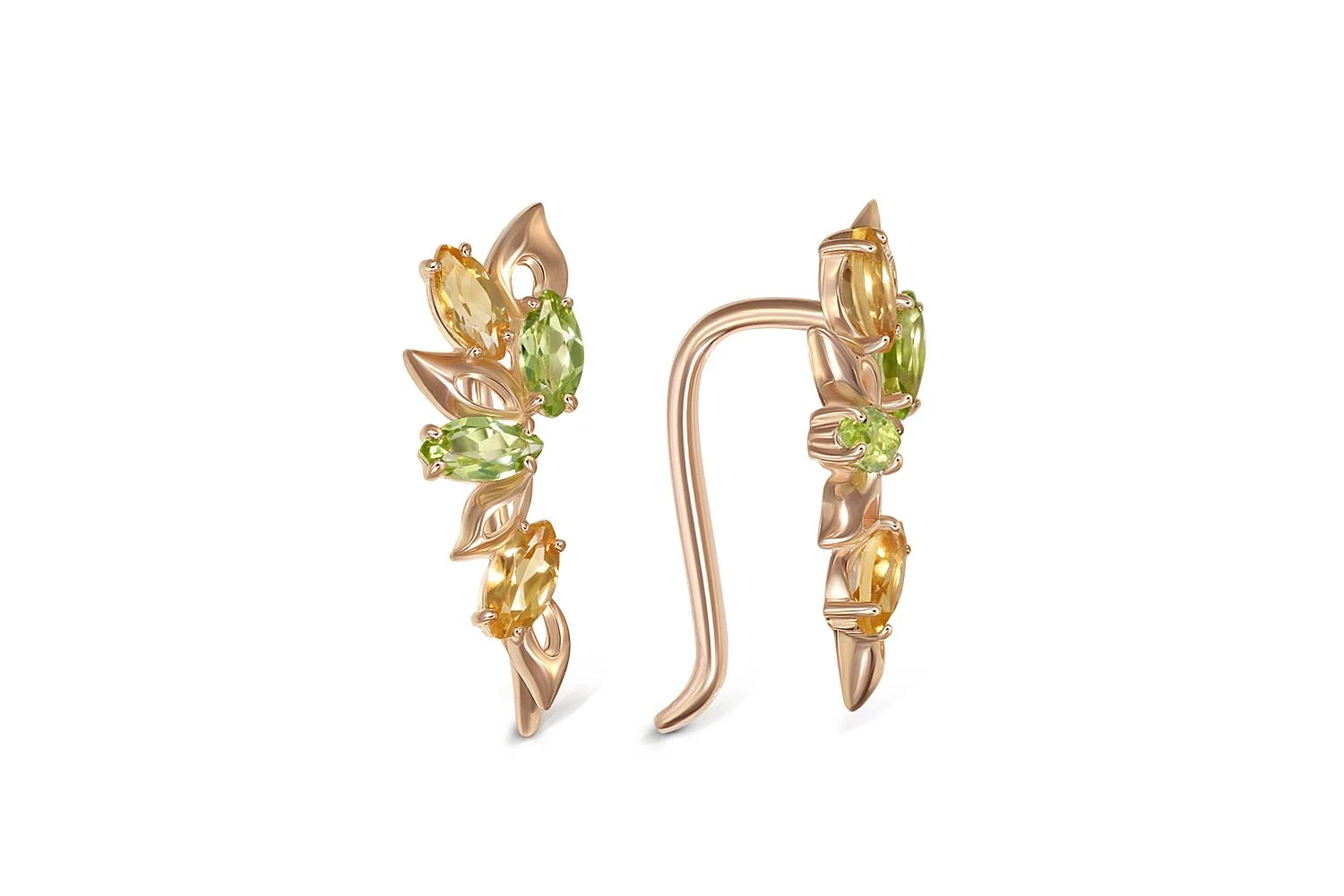 Серьги из красного золота с 4 хризолитами и 4 цитринами