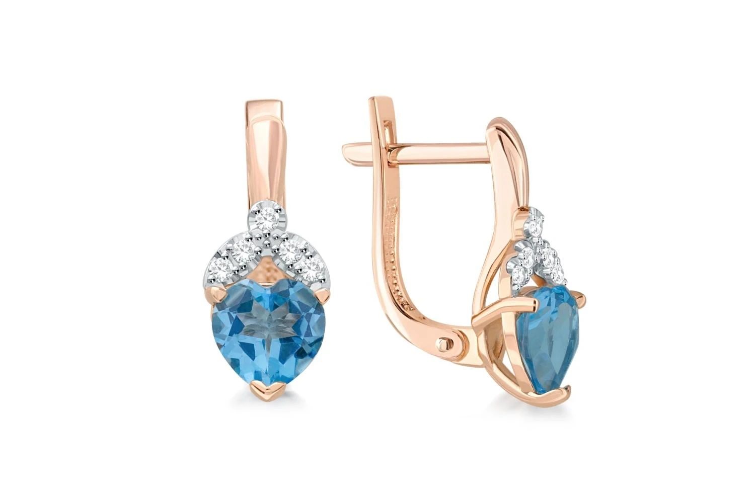 Серьги Сердца из красного золота с 2 топазами swiss и 10 фианитами