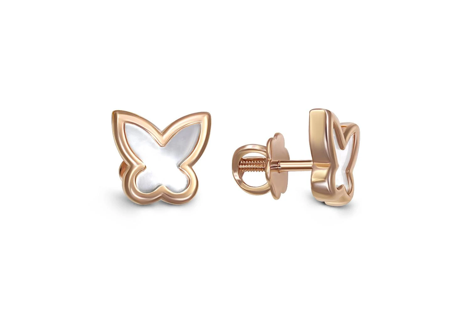 Детские серьги-пусеты Бабочки из красного золота с перламутром