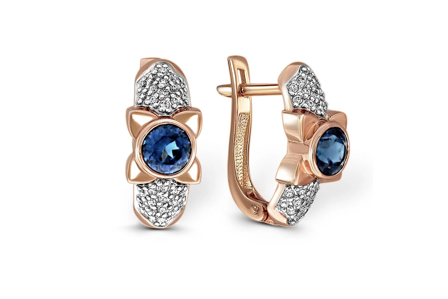 Серьги из красного золота с 2 ситаллами и 56 фианитами