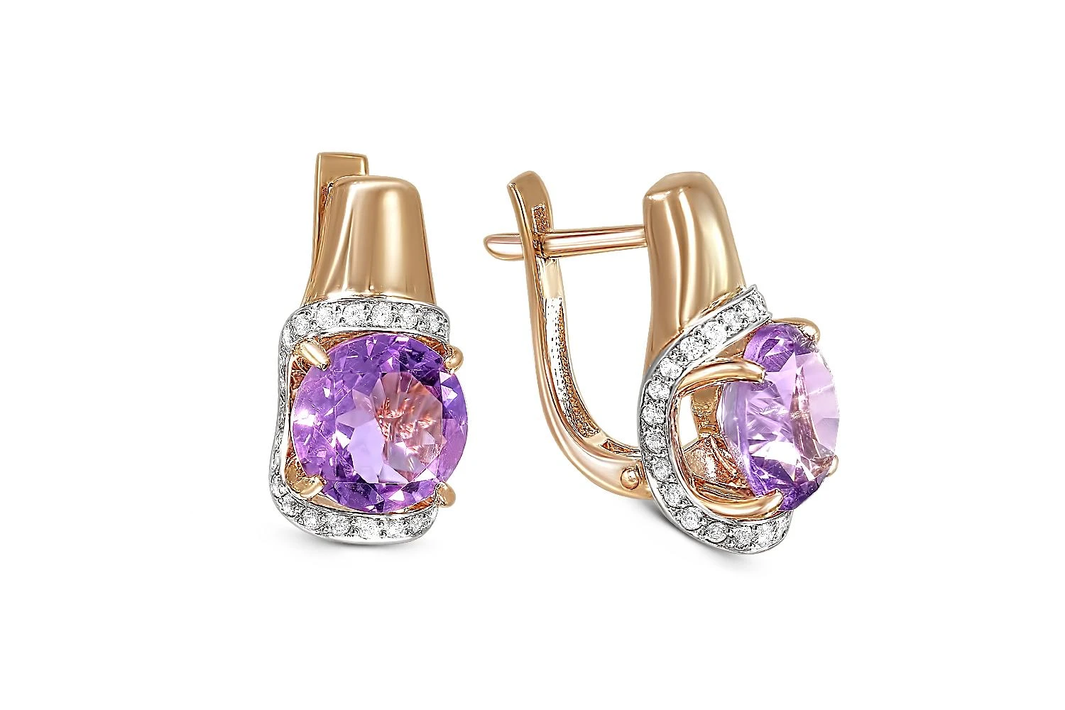 Серьги из красного золота с 2 кварцами и 56 фианитами