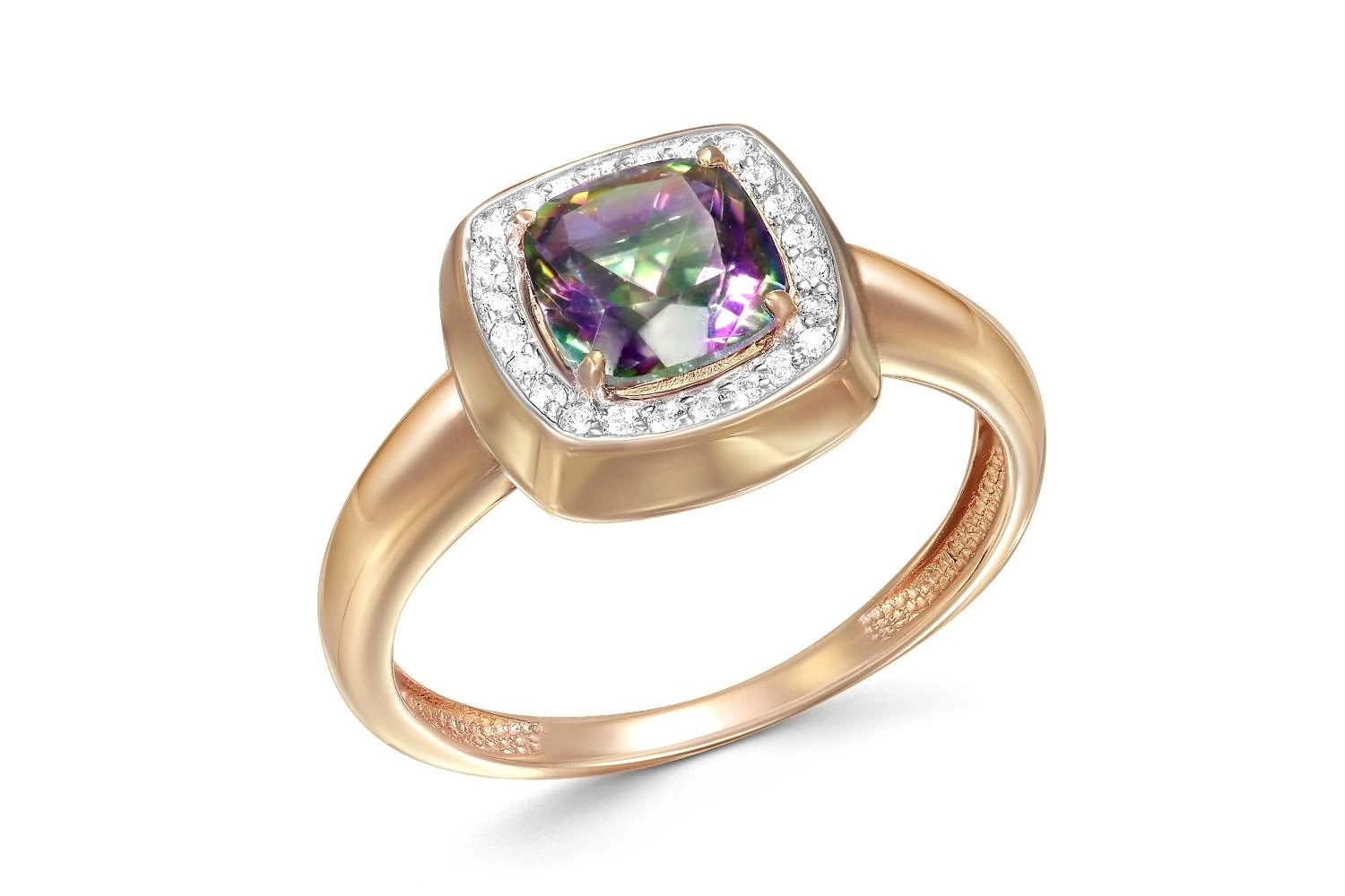 Кольцо из красного золота с кварцем и 24 фианитами