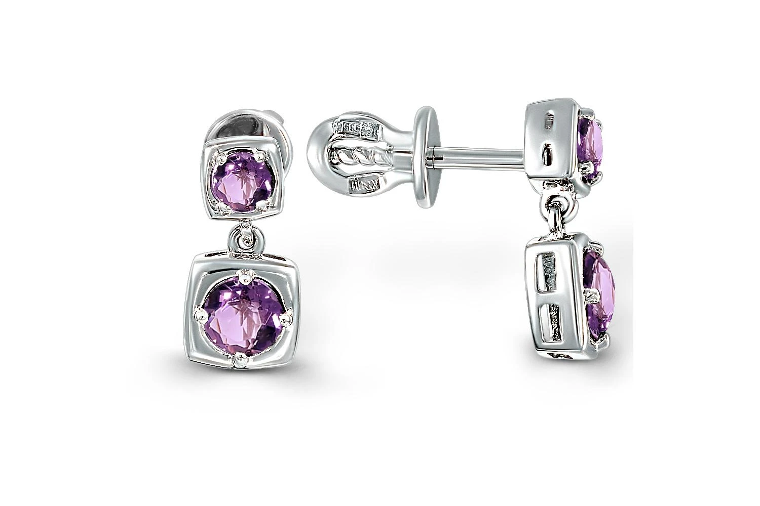 Серьги-пусеты Квадраты из белого золота с 4 аметистами
