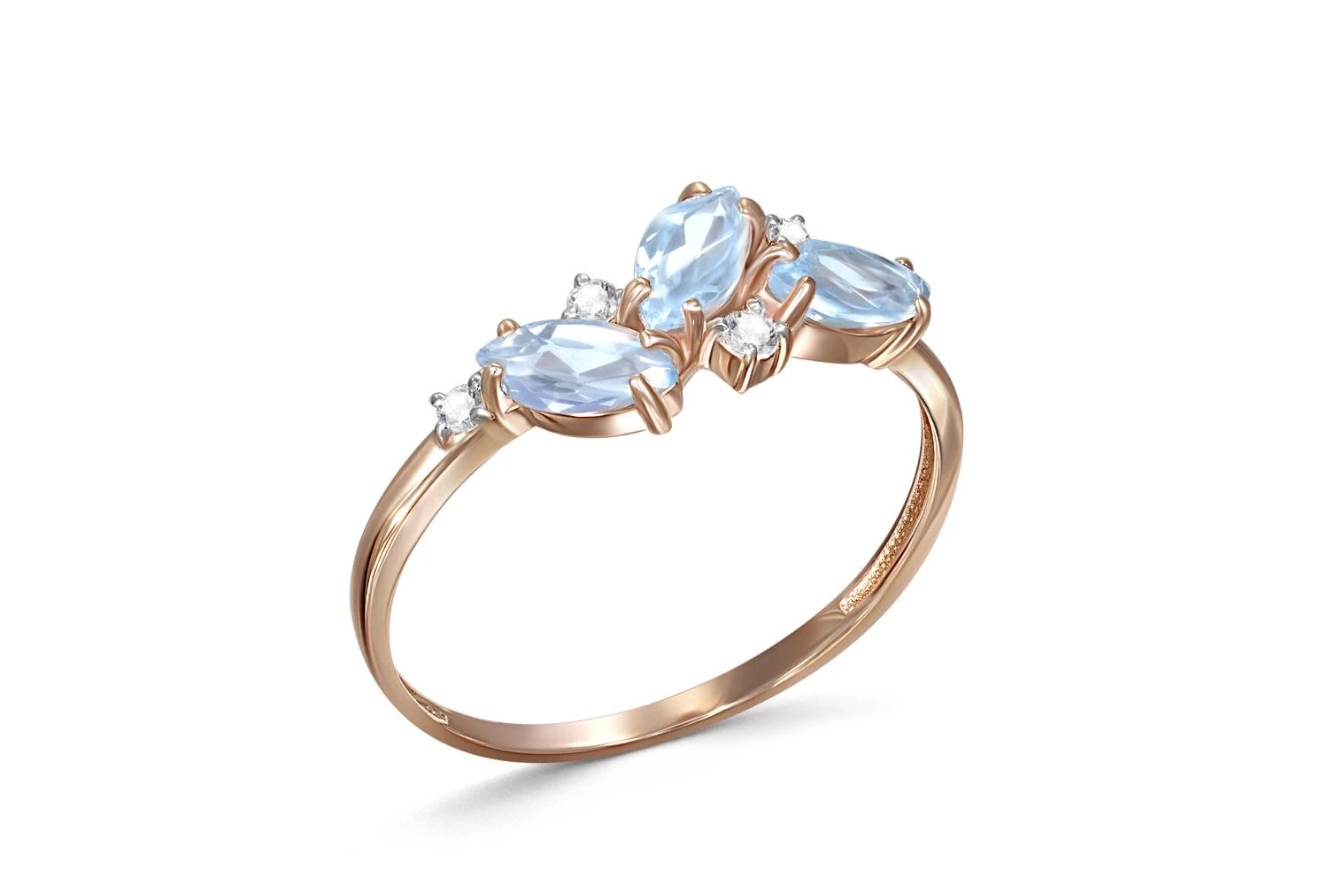 Кольцо из красного золота с 3 топазами sky и 4 фианитами