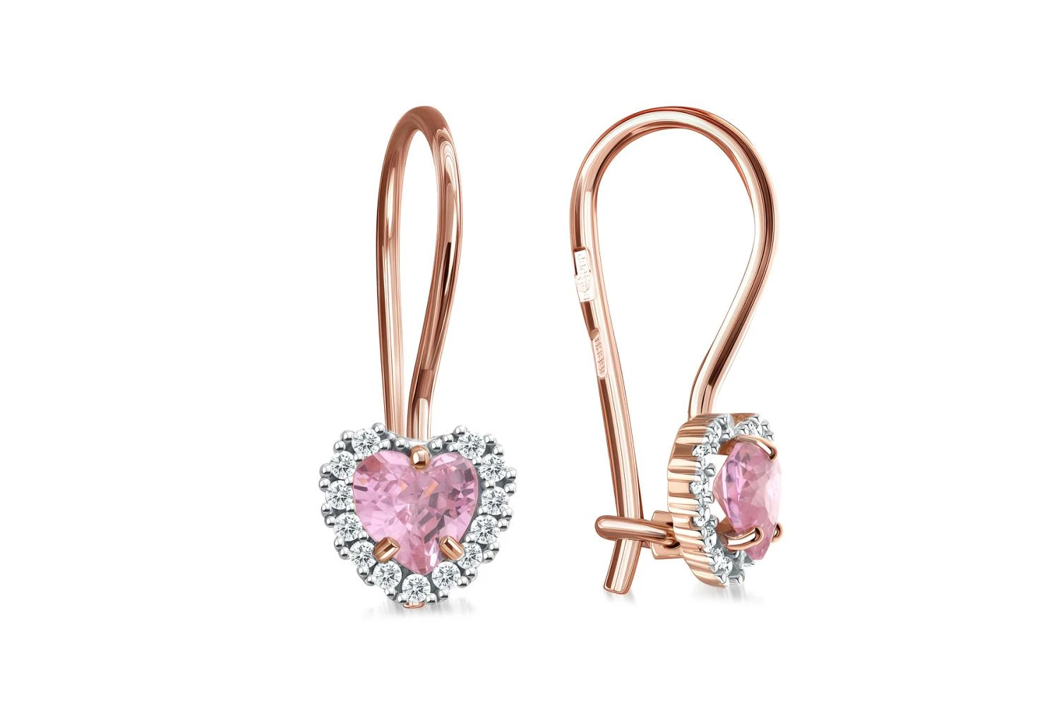 Серьги детские Сердца из красного золота с 28 фианитами