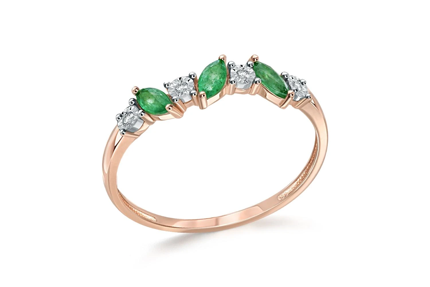 Кольцо Дорожка из красного золота с 3 изумрудами и 4 бриллиантами