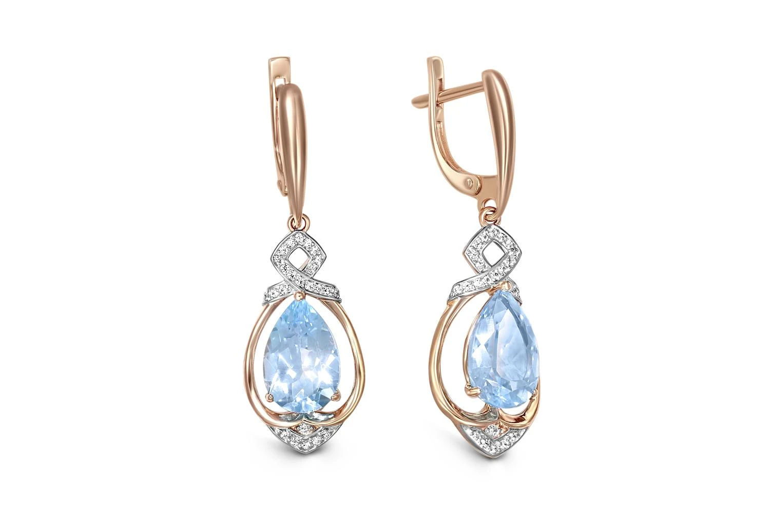 Серьги из красного золота с 2 топазами sky и 48 фианитами