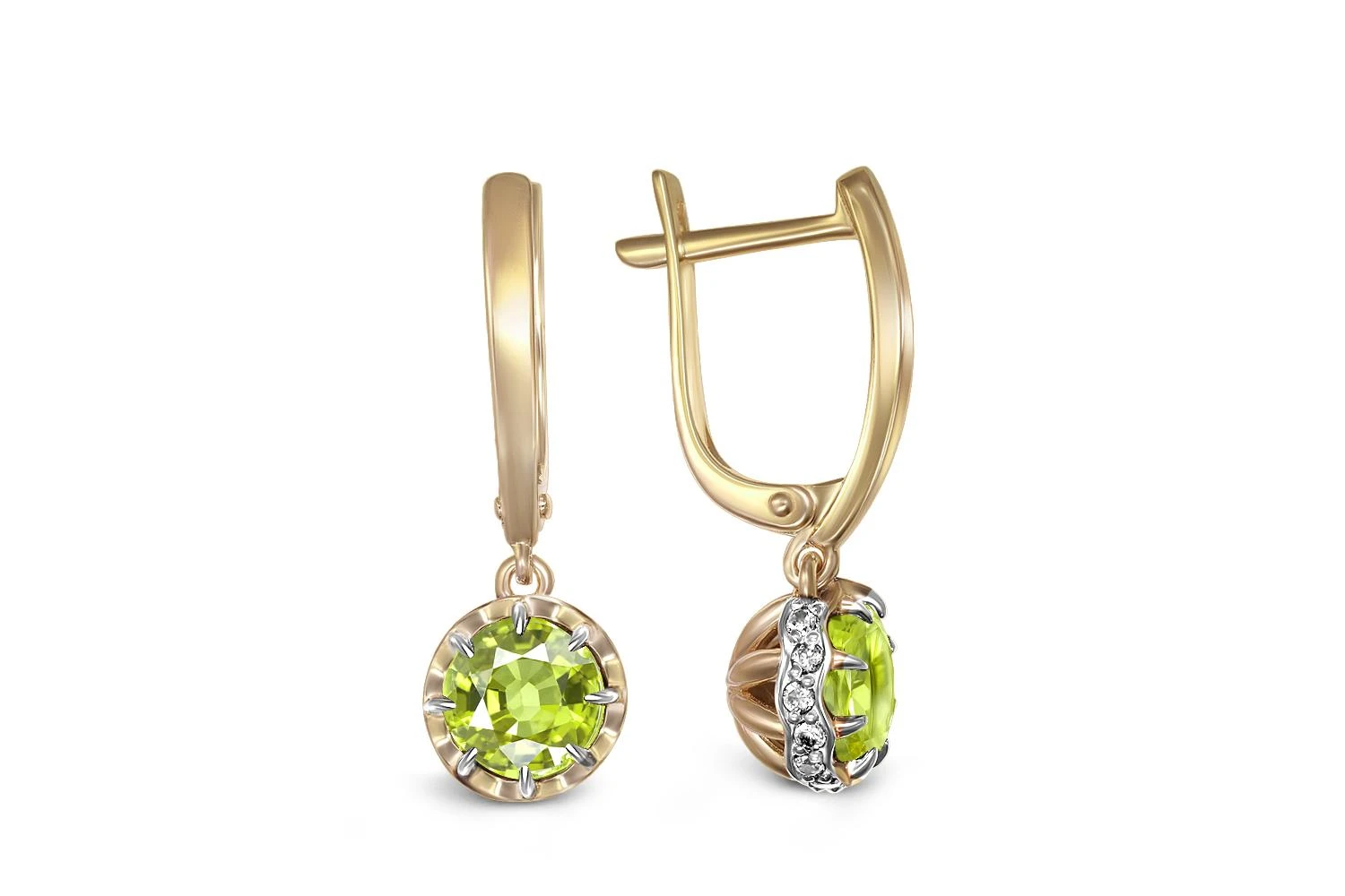 Серьги из жёлтого золота с 2 хризолитами и 30 фианитами