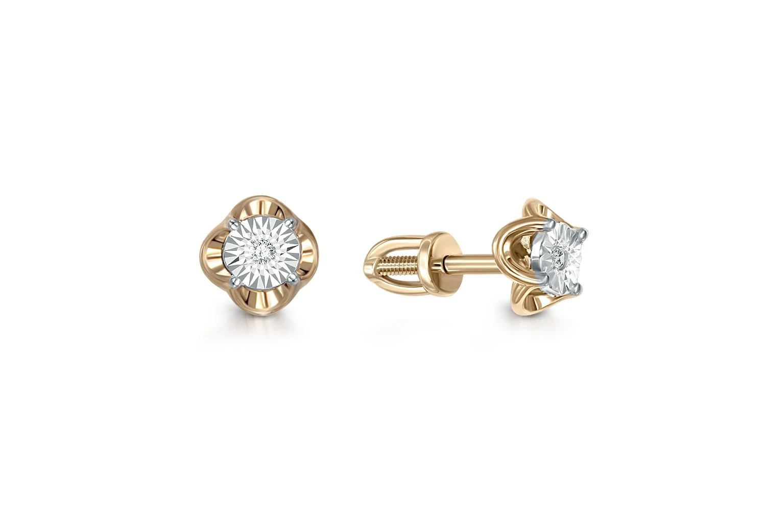 Серьги-пусеты Цветы из жёлтого золота с 2 бриллиантами