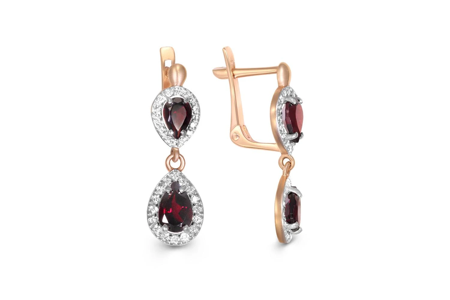 Серьги из красного золота с 4 гранатами и 64 фианитами
