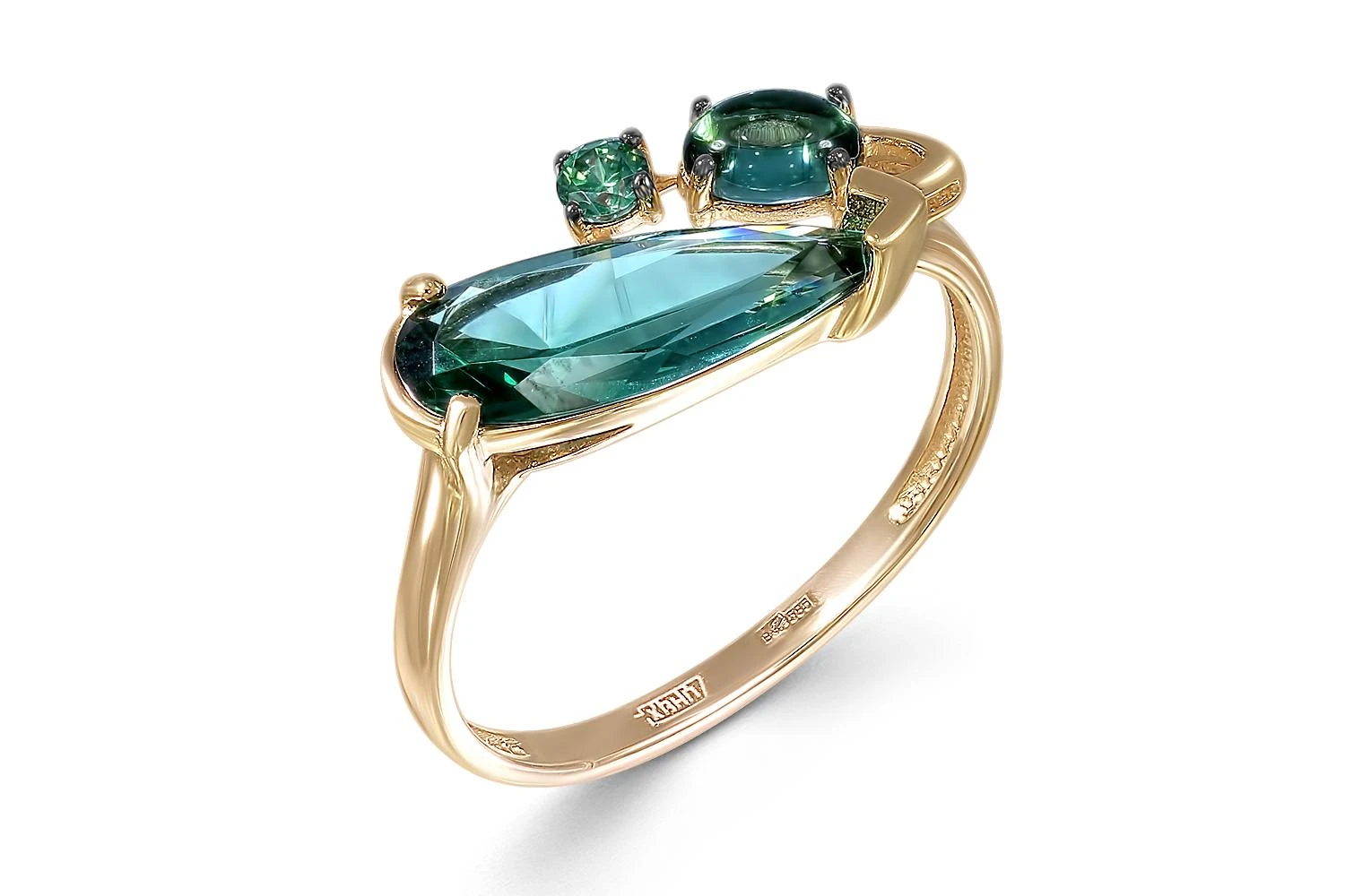 Кольцо из жёлтого золота с 2 ситаллами и фианитом