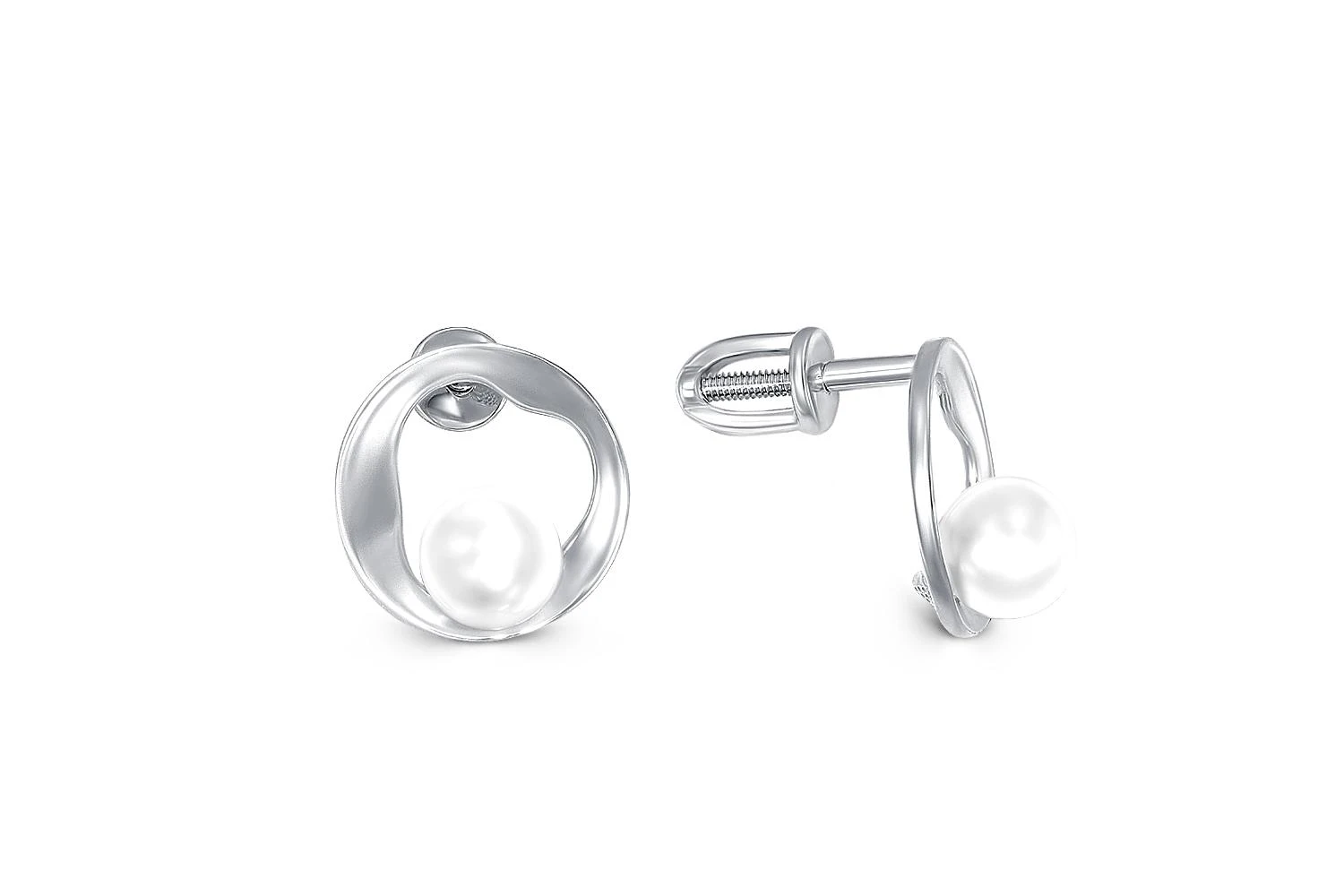 Серьги-пусеты Круги из белого золота с 2 жемчужинами
