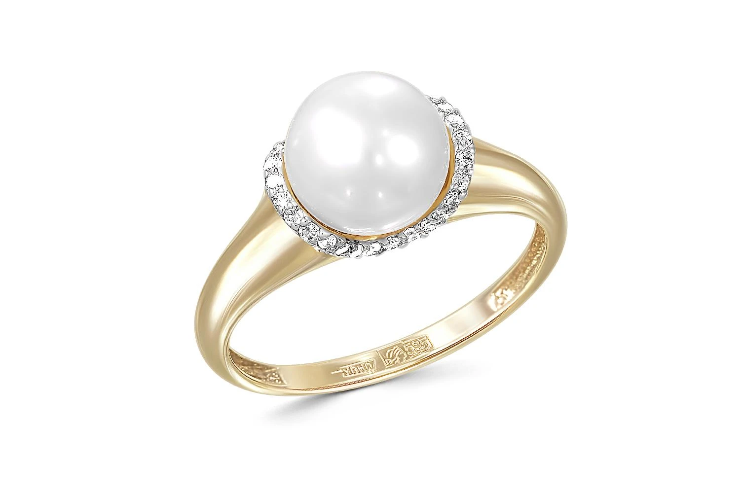 Кольцо из жёлтого золота с жемчугом и 6 бриллиантами
