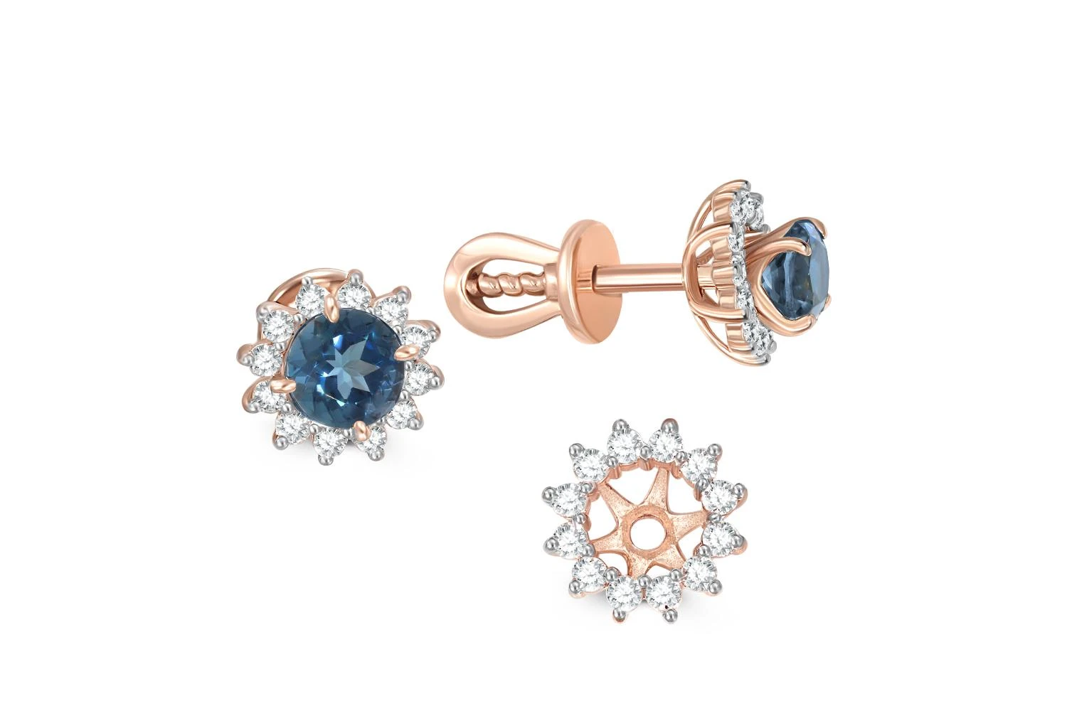 Серьги-пусеты из красного золота с 2 топазами лондон и 24 фианитами