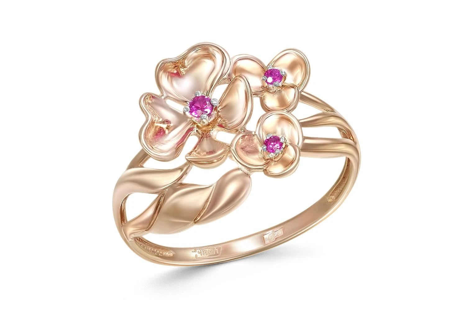 Кольцо Цветок из красного золота с 3 рубинами