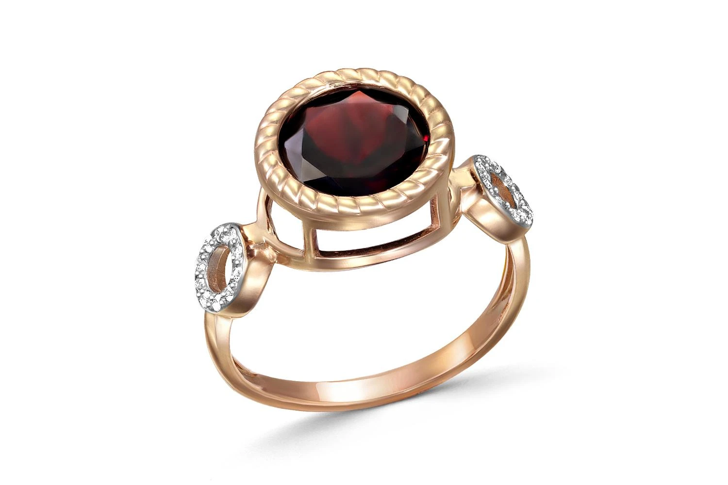 Кольцо из красного золота с гранатом и 20 фианитами