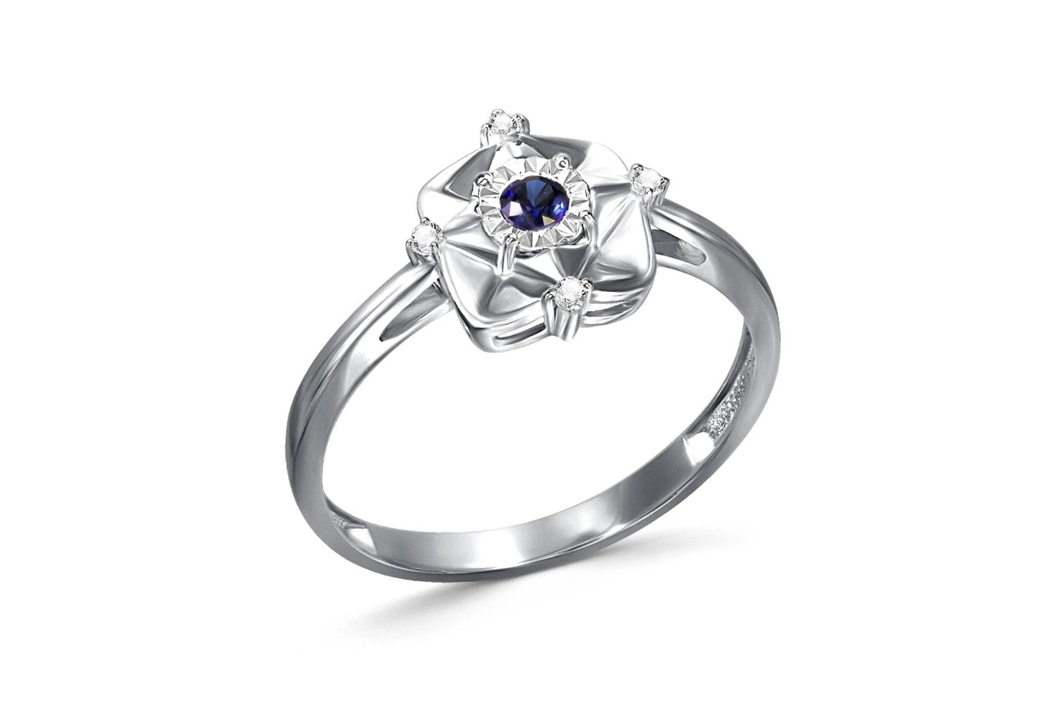 Кольцо из белого золота с корундом и 4 бриллиантами