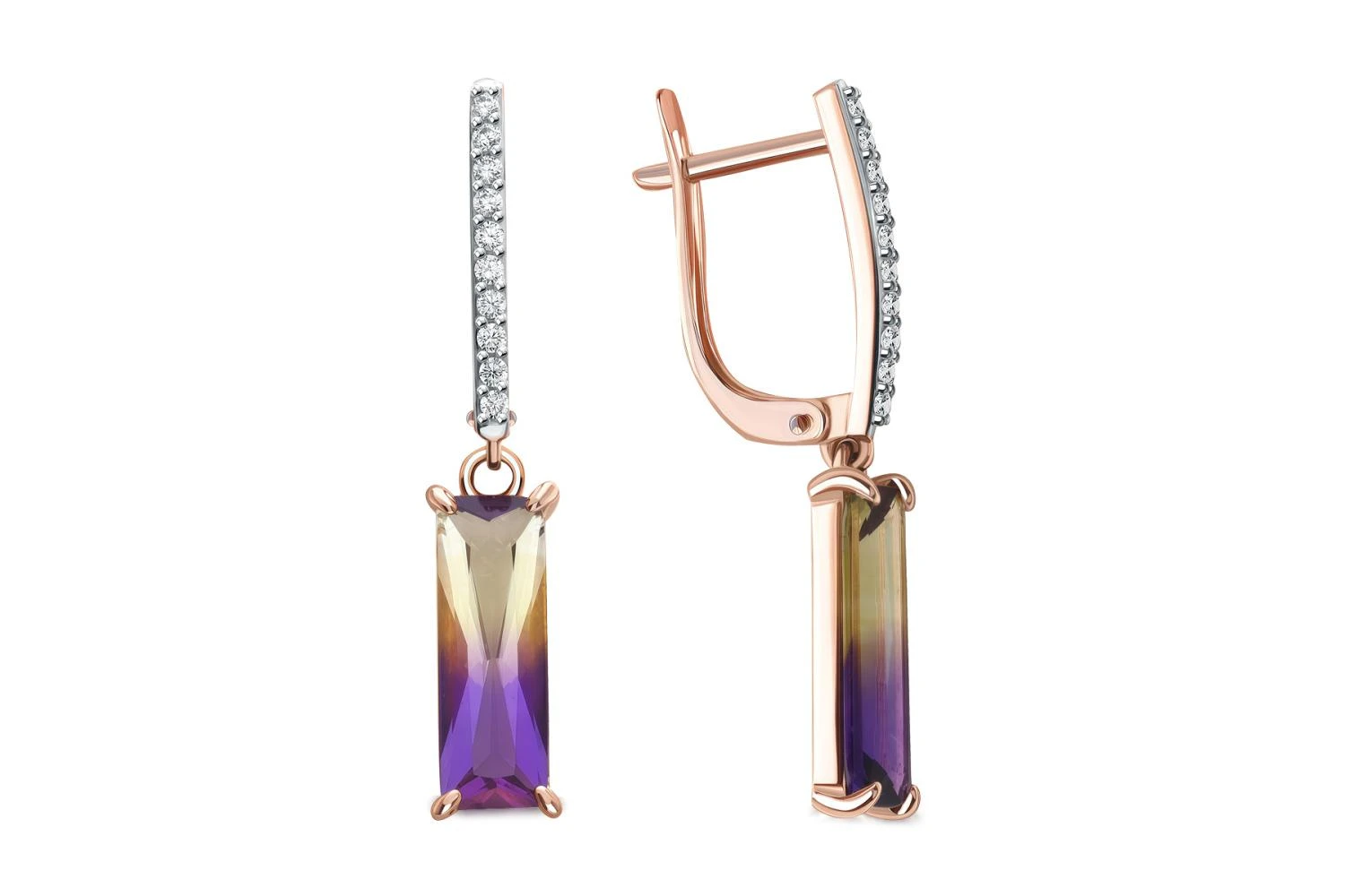 Серьги из красного золота с 2 кварцами и 20 фианитами