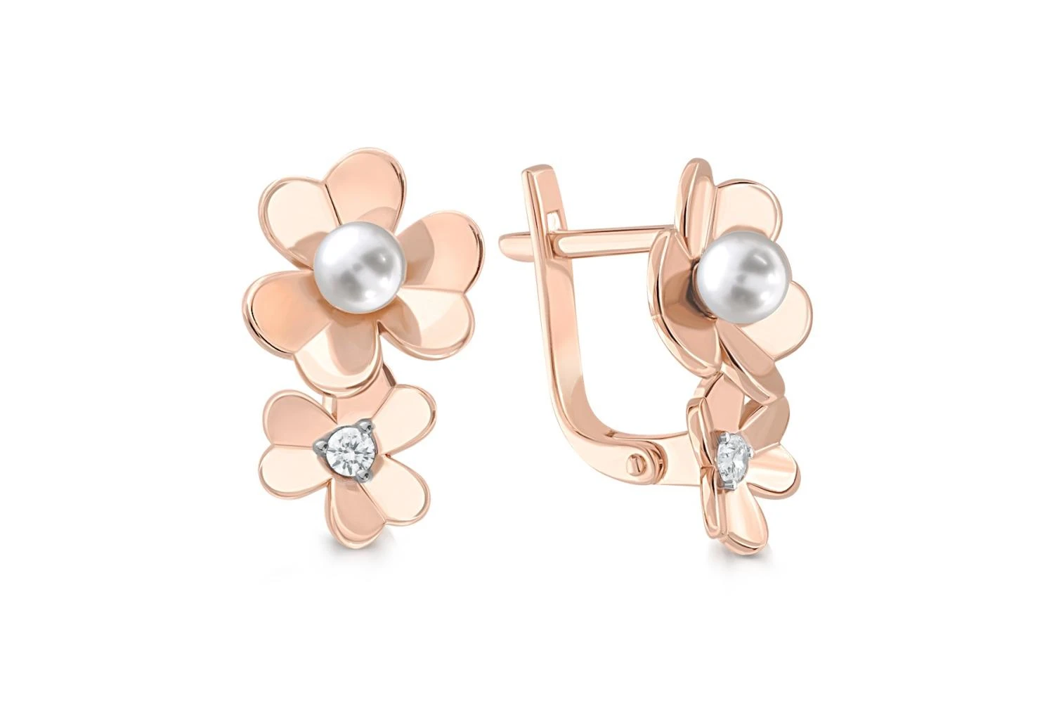 Серьги Цветы из красного золота с 2 жемчужинами и 2 фианитами