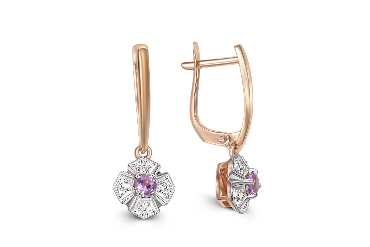 Серьги Цветы из красного золота с 2 аметистами и 24 фианитами