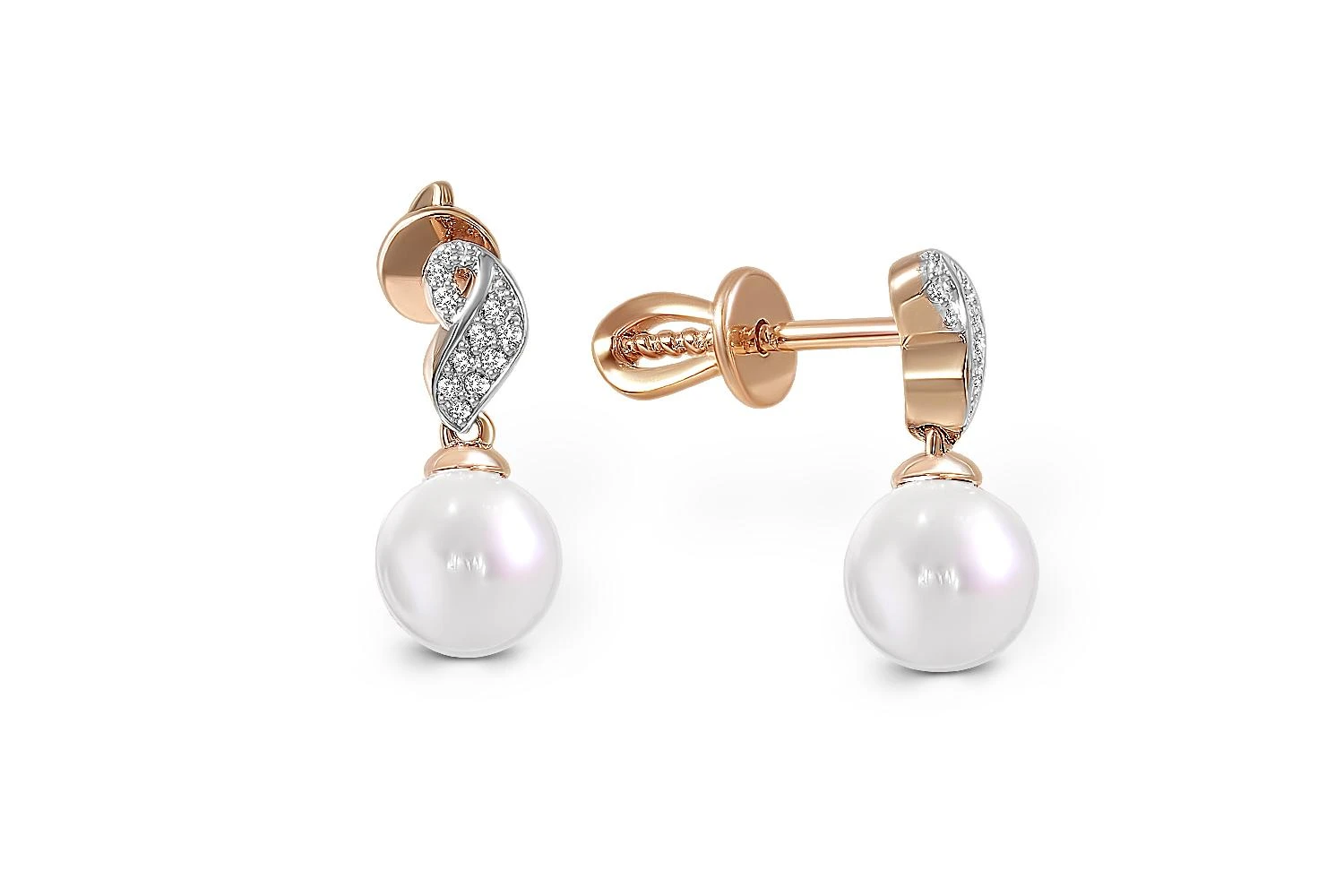 Серьги-пусеты из красного золота с 2 жемчужинами и 22 фианитами