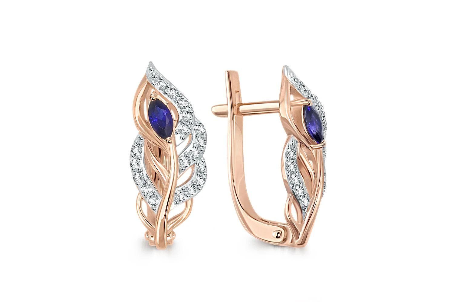 Серьги Веточки из красного золота с 2 корундами и 36 фианитами