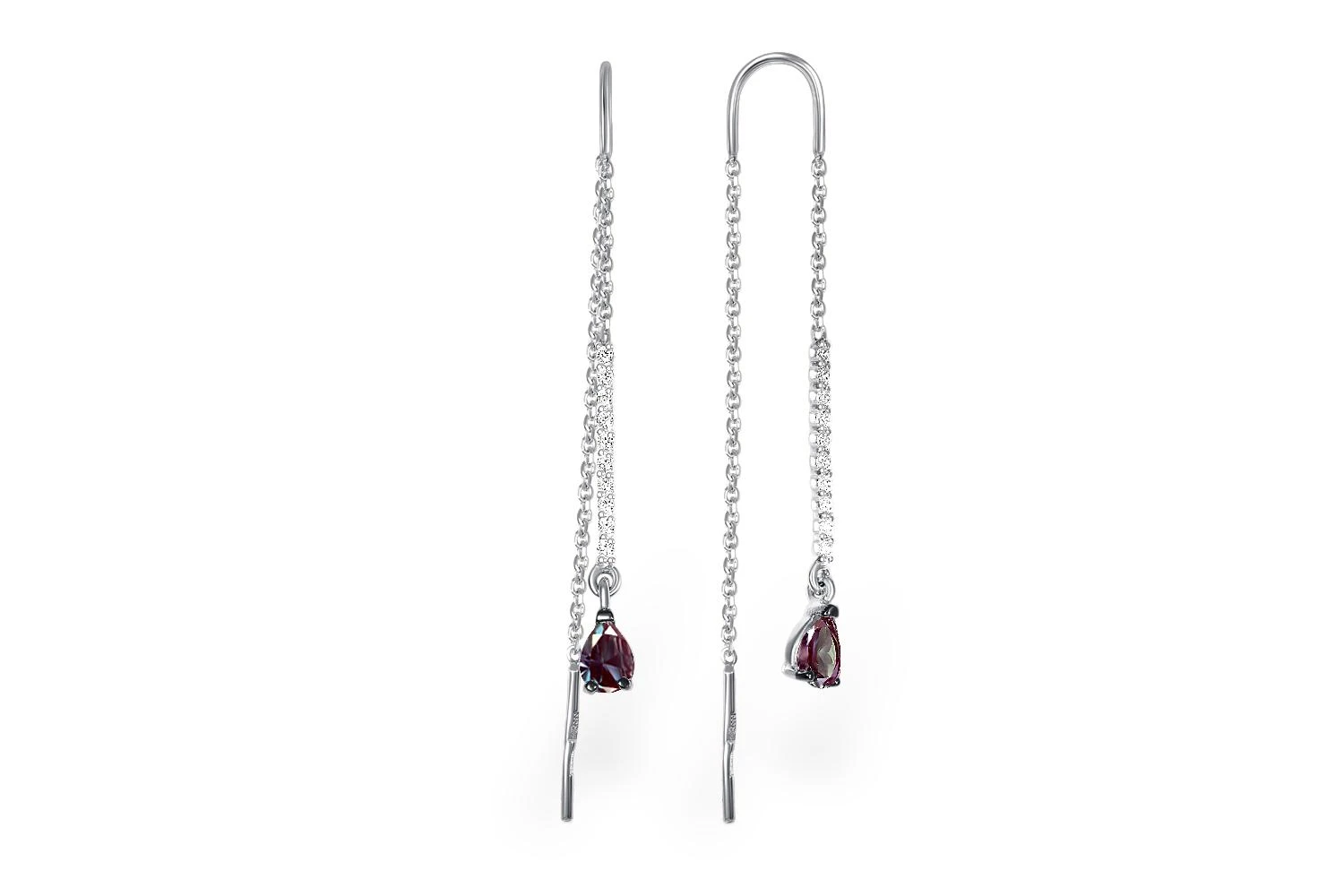 Серьги-продёвки Дорожки из белого золота с 2 александритами и 20 фианитами