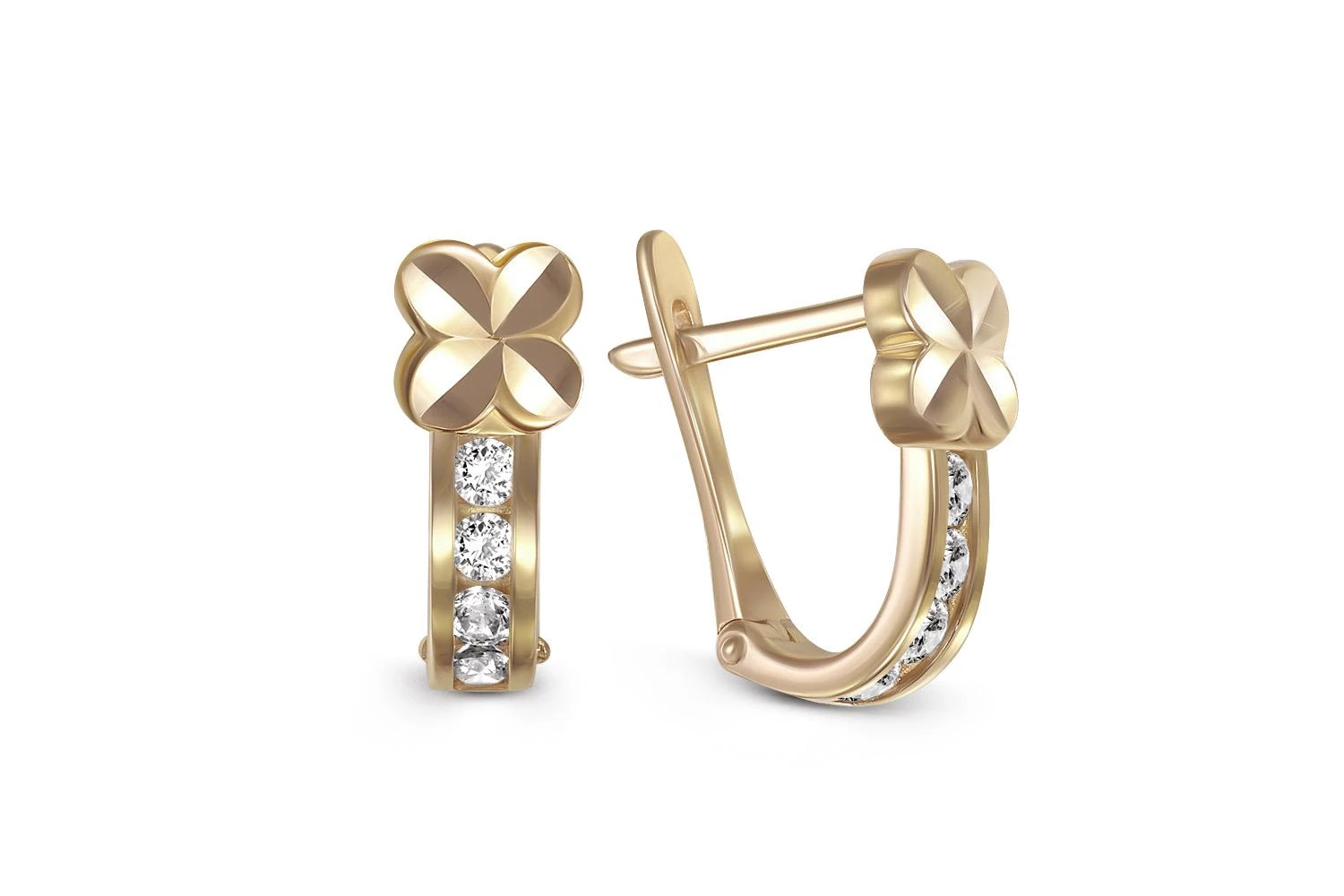 Серьги детские Цветы из жёлтого золота с 8 фианитами