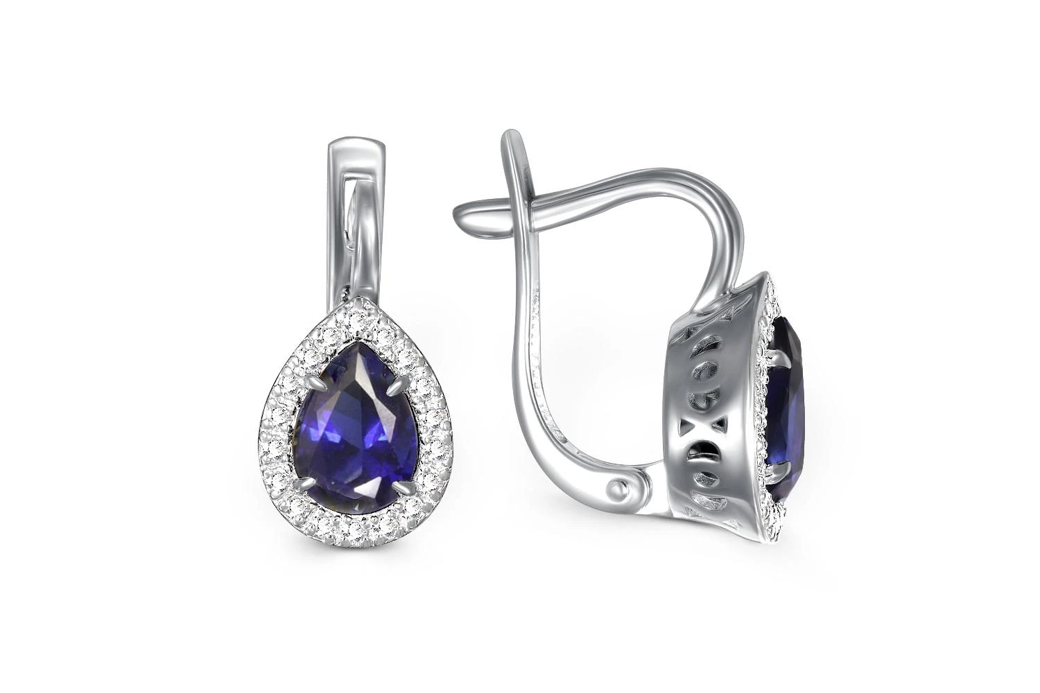 Серьги из белого золота с 2 корундами и 36 фианитами