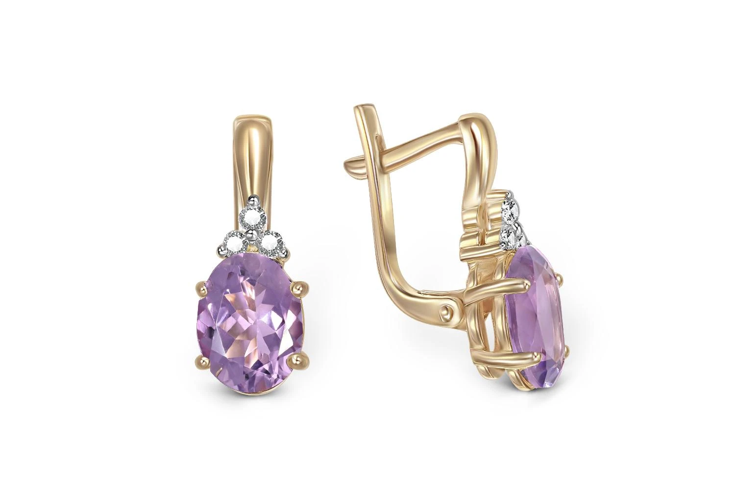 Серьги из жёлтого золота с 2 аметистами и 6 фианитами