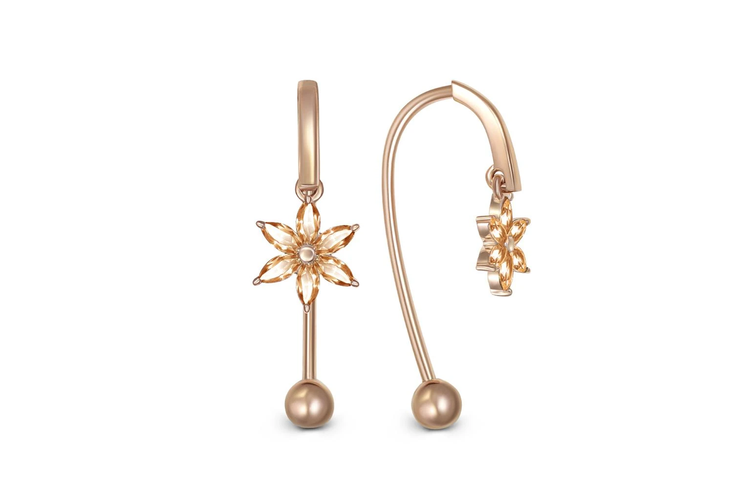 Серьги Цветы из красного золота с 12 цитринами