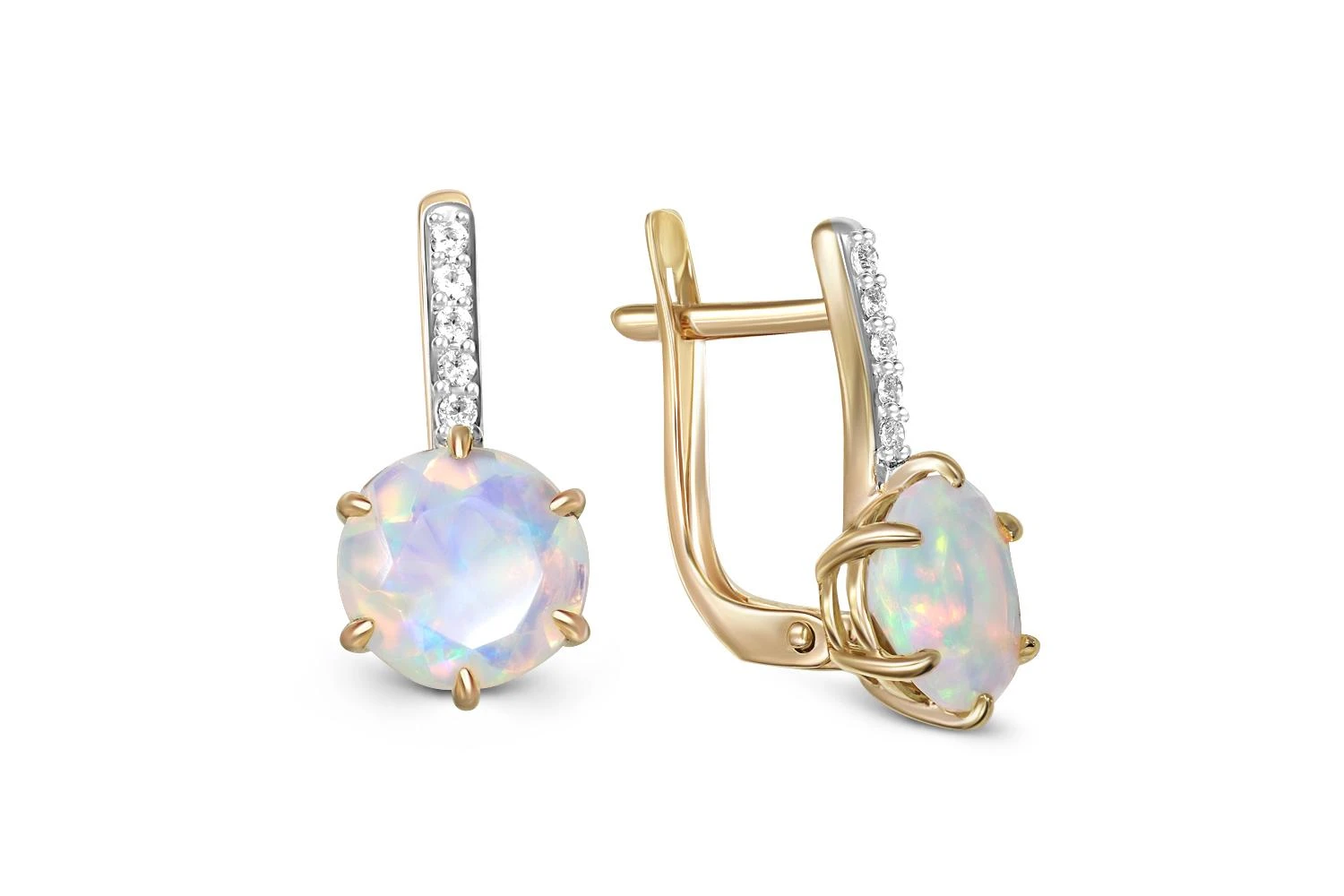 Серьги из жёлтого золота с 2 опалами и 10 фианитами