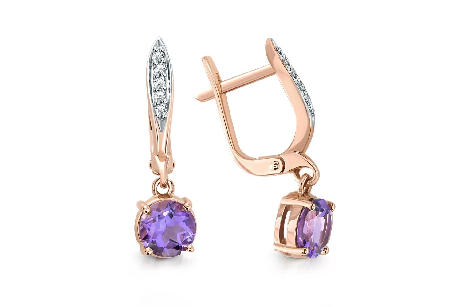 Серьги из красного золота с 2 аметистами и 10 фианитами