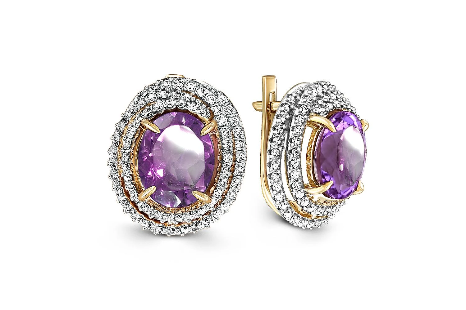 Серьги из жёлтого золота с 2 аметистами и 138 фианитами