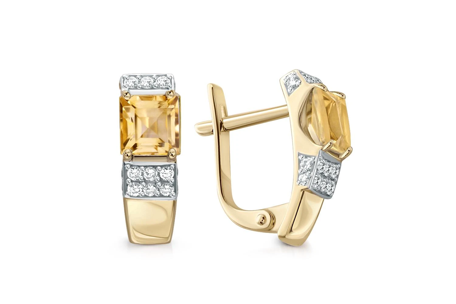 Серьги из жёлтого золота с 2 цитринами и 30 фианитами